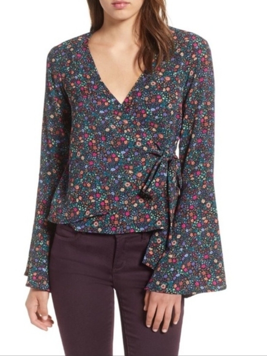 Chloe & Katie Tops - Chloe & Katie Floral Wrap Blouse V-Neck Bell Sleeve Womens Small